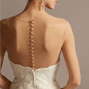 long-sleeve tulle wedding dress topper.  Color is dark champagne